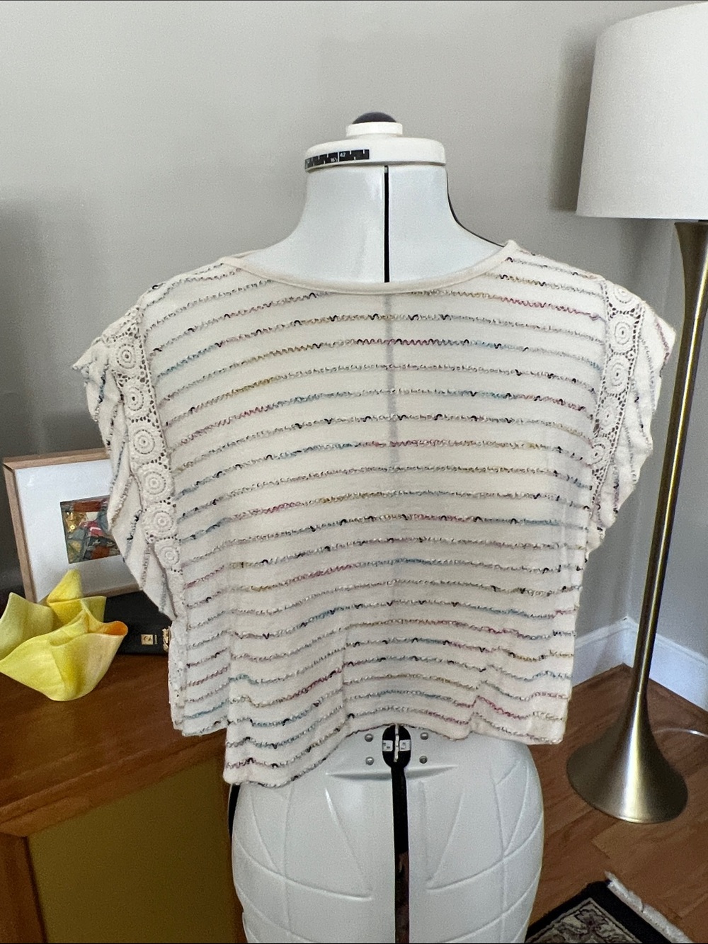 Urban Outfitters Cream Striped Crochet-Sleeve Crop Top